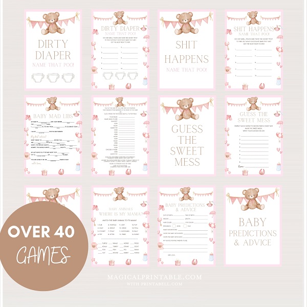 Printable Pink Teddy Bear Baby Shower Games Bundle