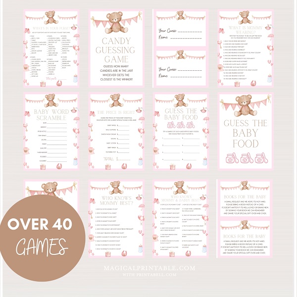 Printable Pink Teddy Bear Baby Shower