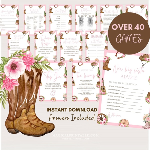 printable cowgirl baby shower game bundle