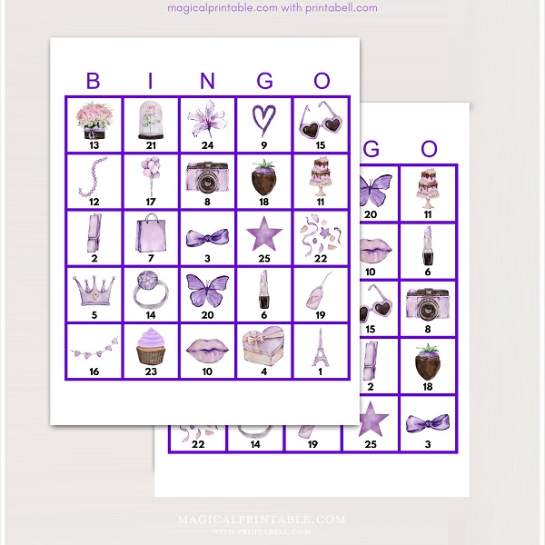 purple bridal shower bingo cards printable