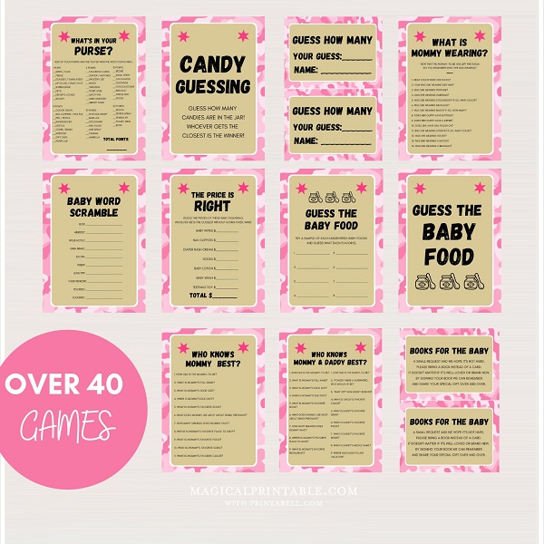 girl camo baby shower games and signs