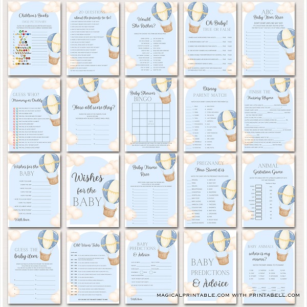 Blue Hot Air Balloon Baby Shower Games Printables