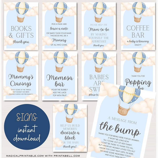 Blue Hot Air Balloon Baby Shower signs