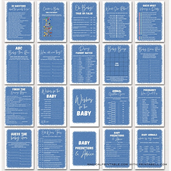 Blue Baby Jean Baby Shower Games and Signs Bundle