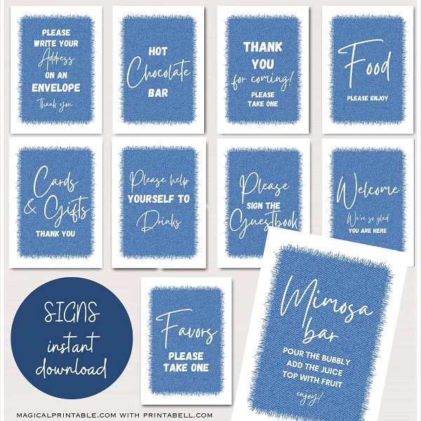 Blue Baby Jean Denim Baby Shower Party Signs