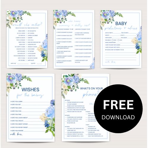 FREE Elegant Blue Floral Baby Shower Games Bundle