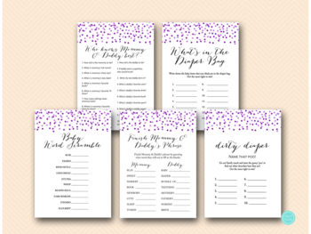 Purple Confetti Baby Shower Game Pack – Printabell • Express