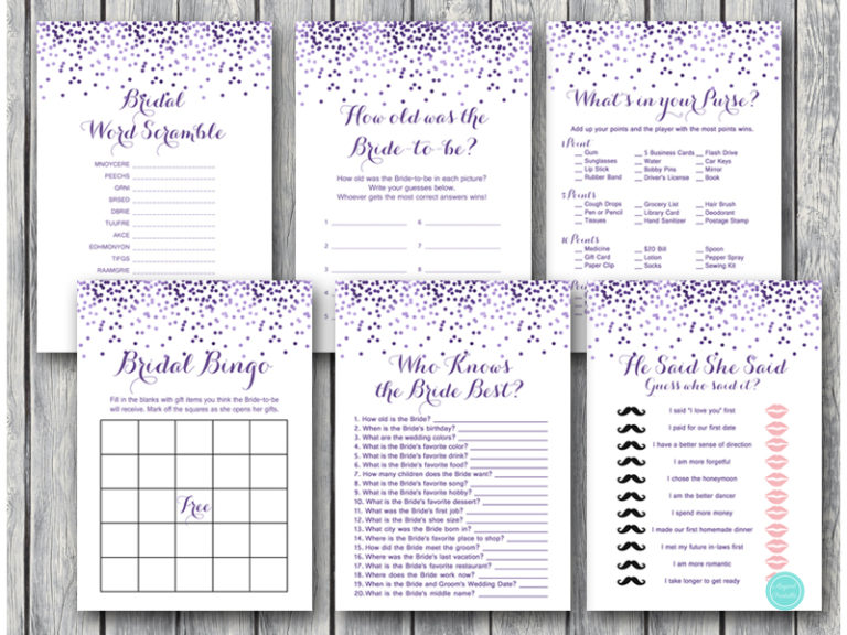 Purple Sparkle Bridal Shower Game Package – Printabell • Express