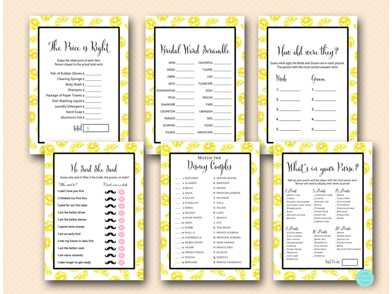 Summer Lemon Bridal Shower Game Printable 