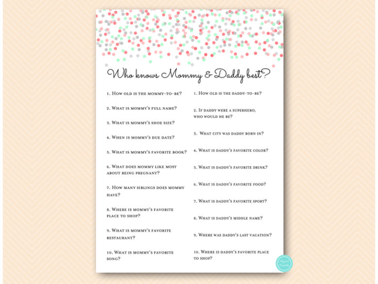 Coral Mint Grey Confetti Baby Shower Games – Printabell • Express