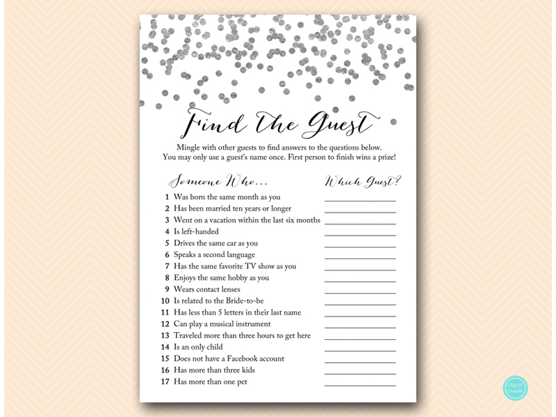 Silver Confetti Find the Guest Bridal Shower Game – Printabell • Express