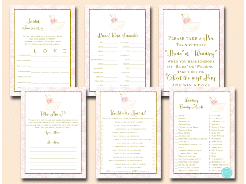 Pink & Gold Swan Bridal Shower Games – Printabell • Express