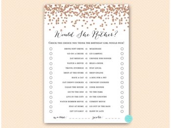 Rose Gold Girl Birthday Party Games, Would she rather – Printabell ...