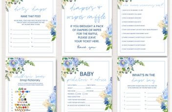 blue floral baby shower game bundle