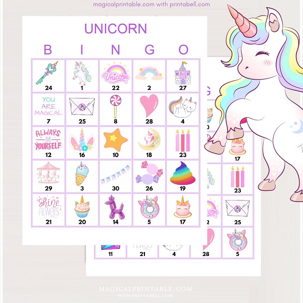 printable prefilled unicorn party bingo cards