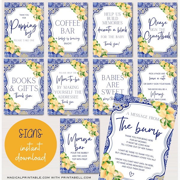 Blue Tiles and Lemons Baby Shower Signs