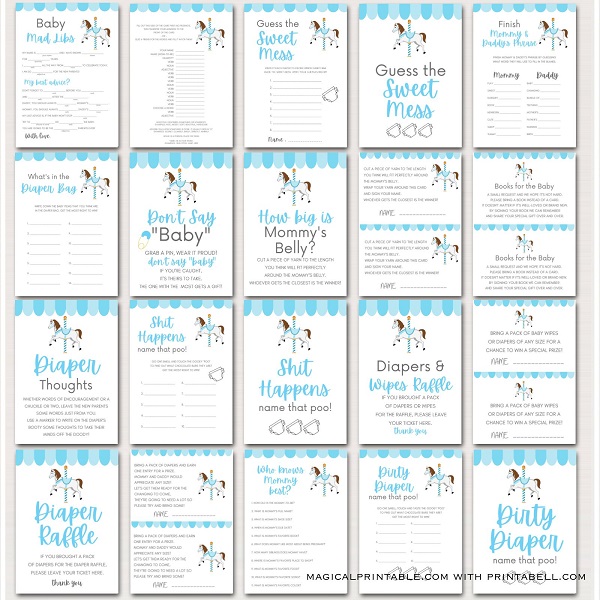 blue carousel baby shower games printable