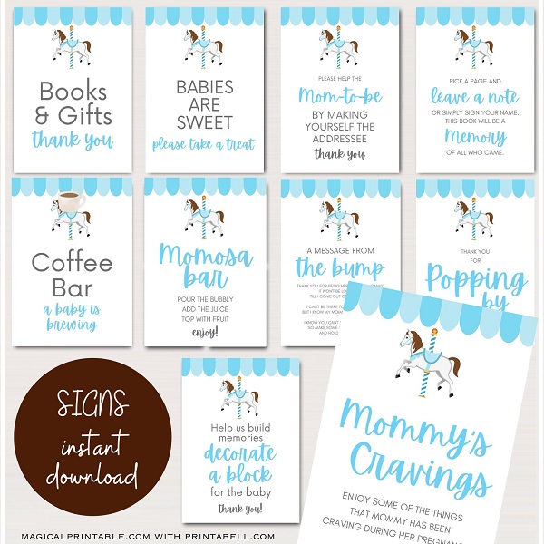 blue carousel baby shower signs