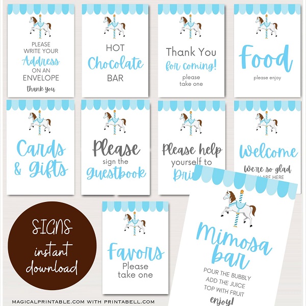 blue carousel party signs