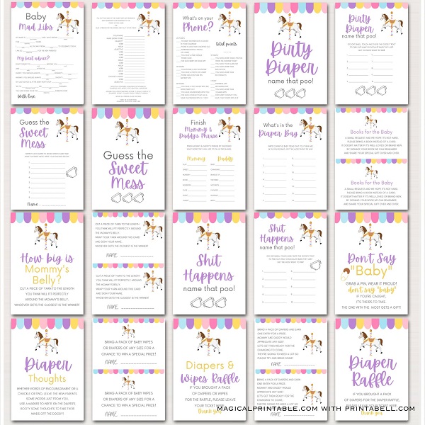 pastel carousel baby shower games printable