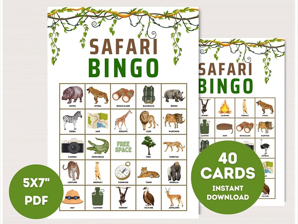 printable safari bingo cards with pictures