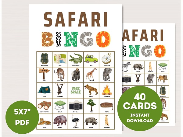 printable safari jungle bingo cards with pictures