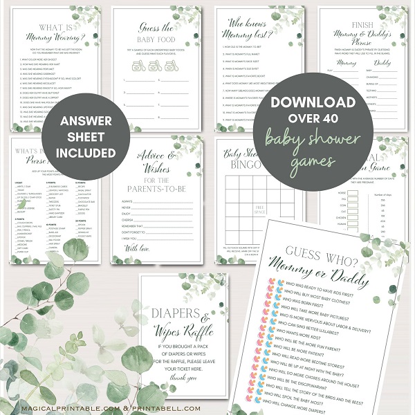 Succulent Baby Shower Games Bundle - Greenery - Eucalyptus