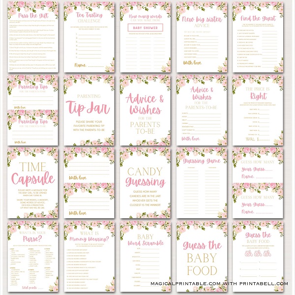 pink peonies baby shower games printable