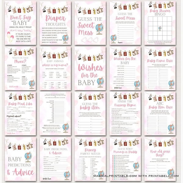 Pink travel themed Baby Shower Games Bundle