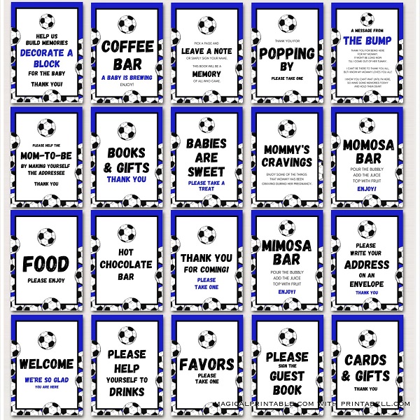 blue soccer baby shower games and table signs