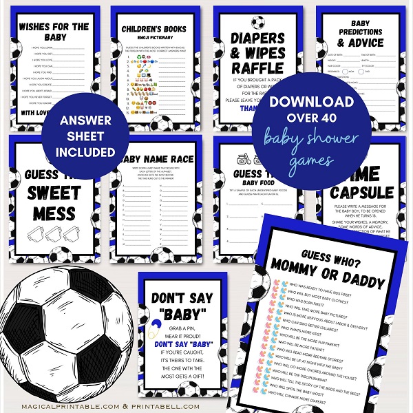 blue soccer baby shower games bundle