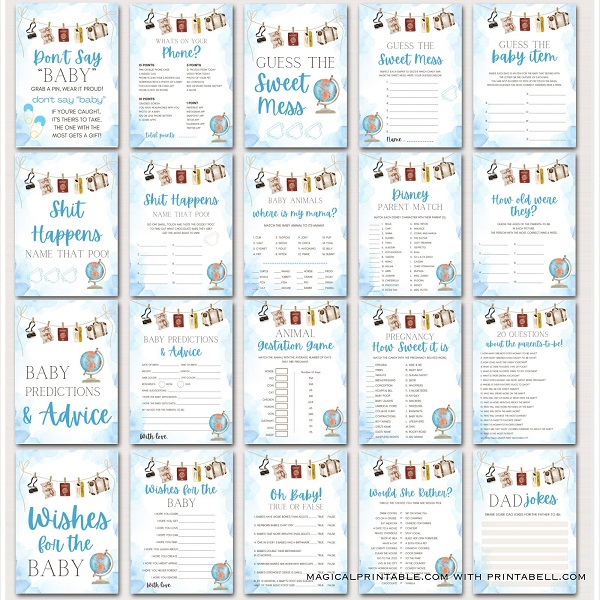 blue travel Baby Shower Games printable