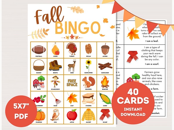 fall bingo cards with pictures