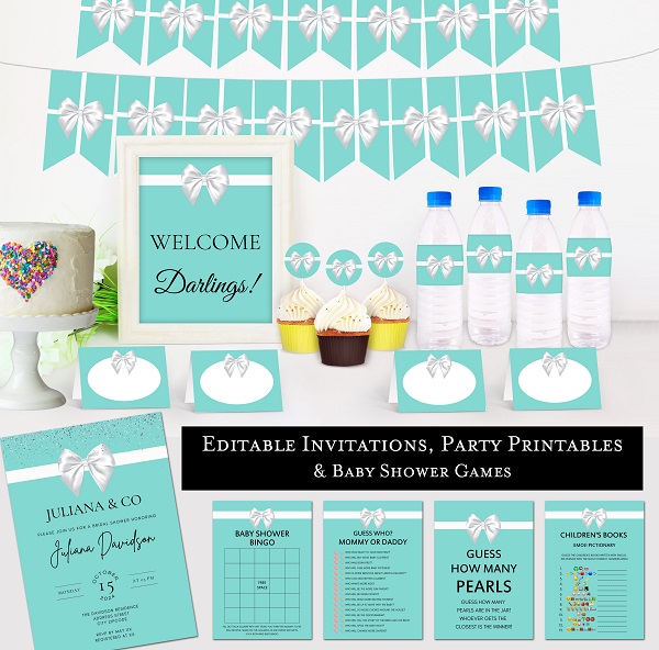 tiffany themed baby shower printables and games editable invitation