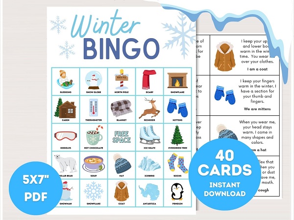 winter bingo cards with pictures for kids