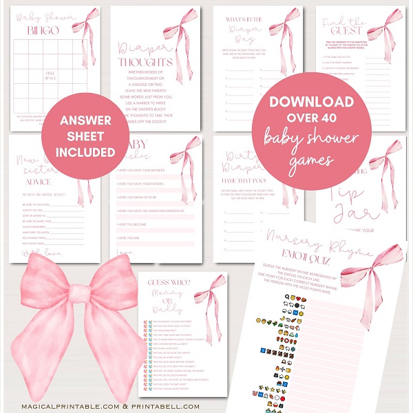 Coquette pink bow baby shower games bundle