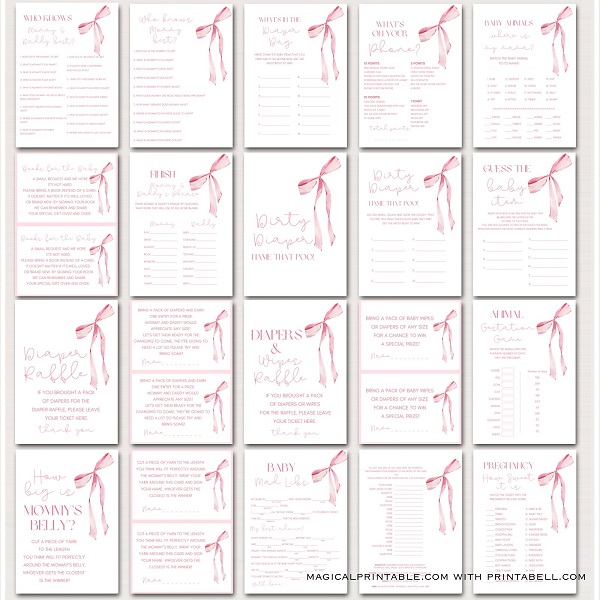 Coquette pink bow baby shower printable