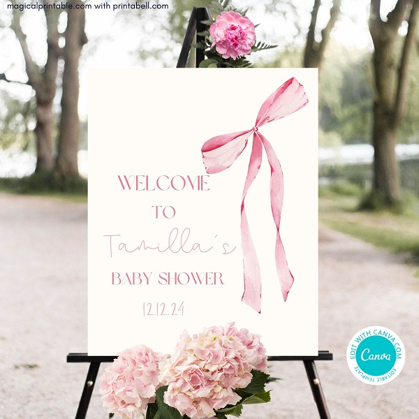 editable Coquette pink bow welcome sign