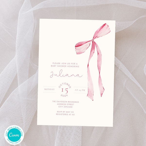 editable Coquette pink bow invitation