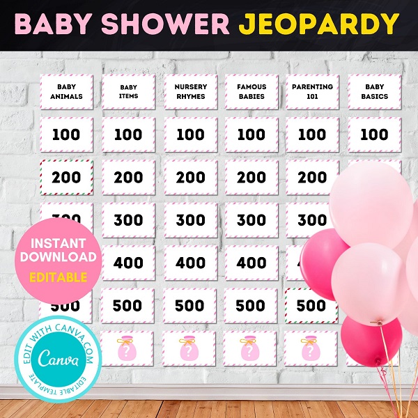 printable baby shower jeopardy game for baby girl