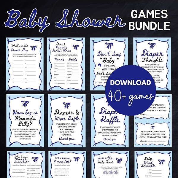 Blue Bow Baby Shower Games Package
