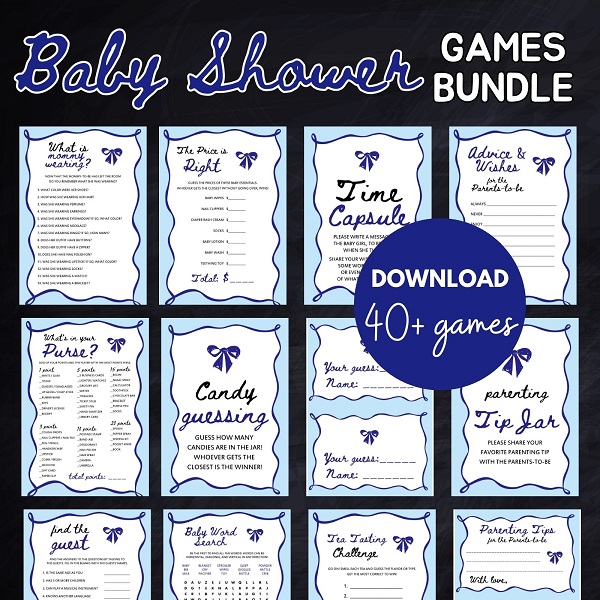 Blue Coquette Baby Shower Games template