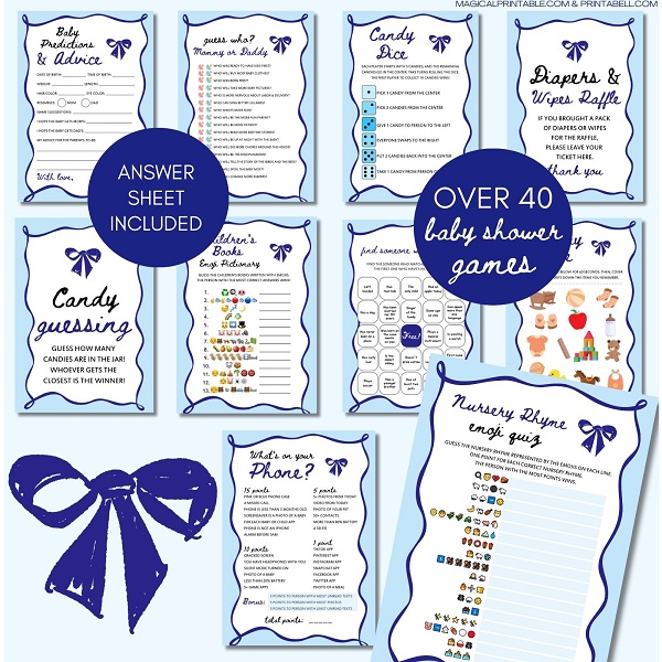 Blue Coquette Bow Baby Shower Games Package