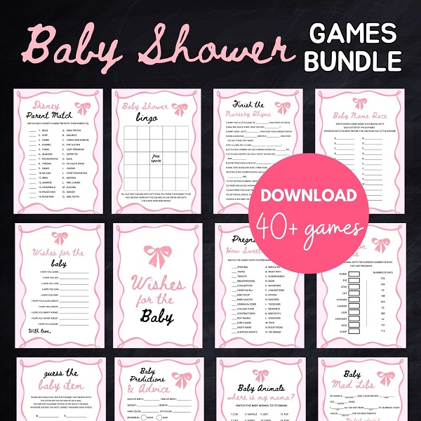 Coquette Pink Bow Baby Shower Games printable