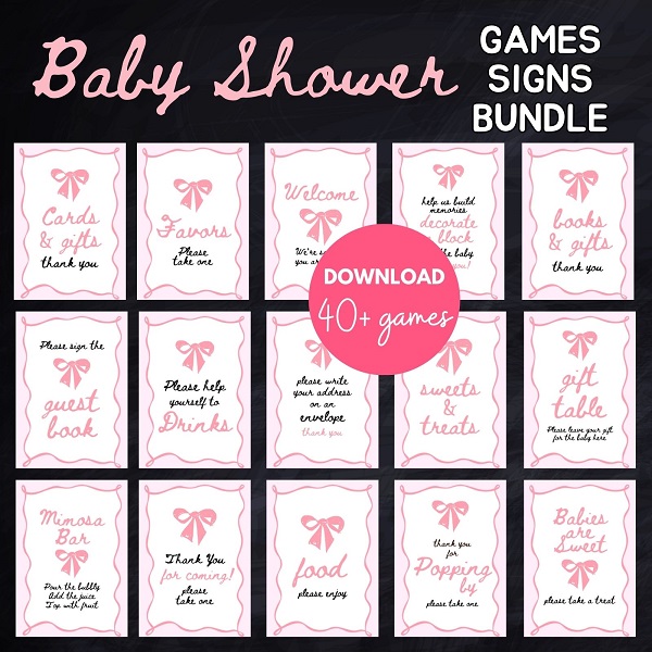 Coquette Pink Bow Baby Shower Signs