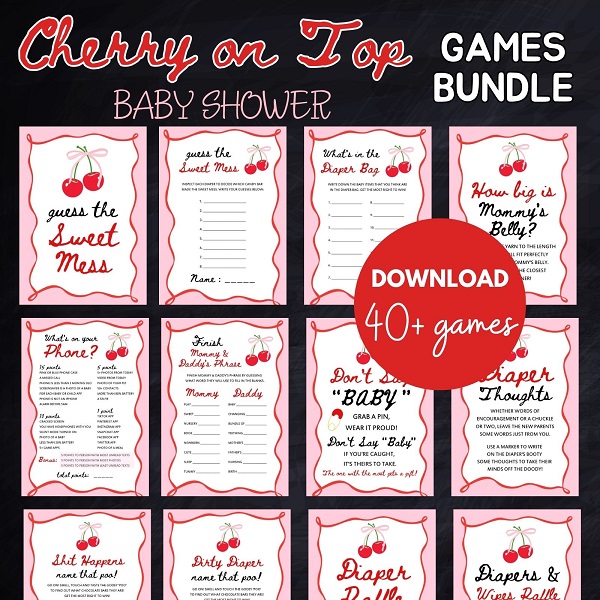 Cute Cherry on Top Baby Shower Games Bundle