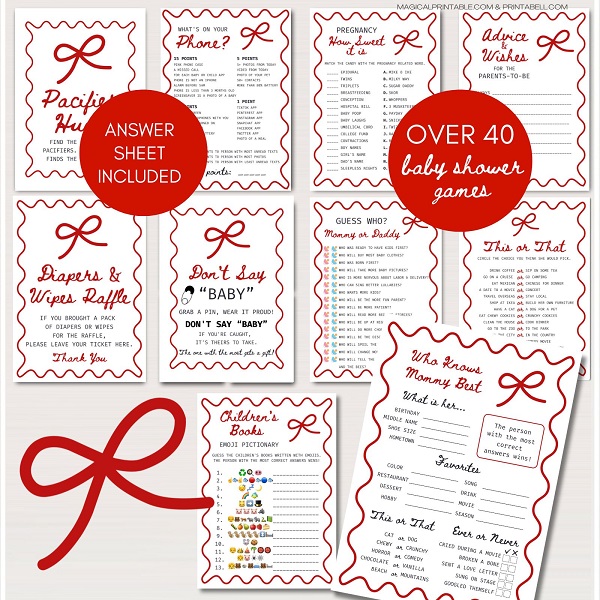Red Bow Baby Shower Games Package