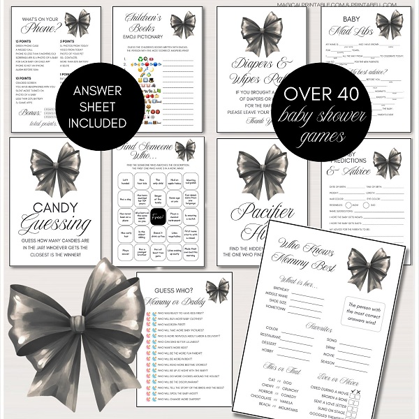 black bow baby shower games bundle