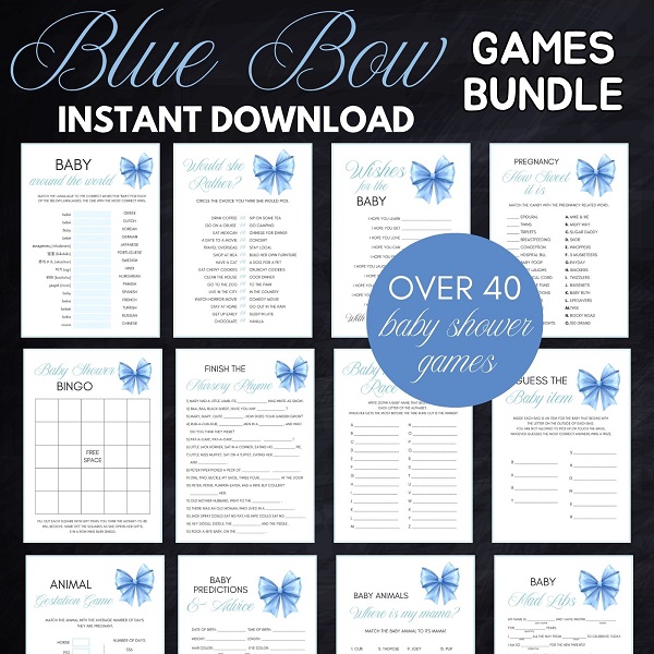blue bow coquette baby shower games printable