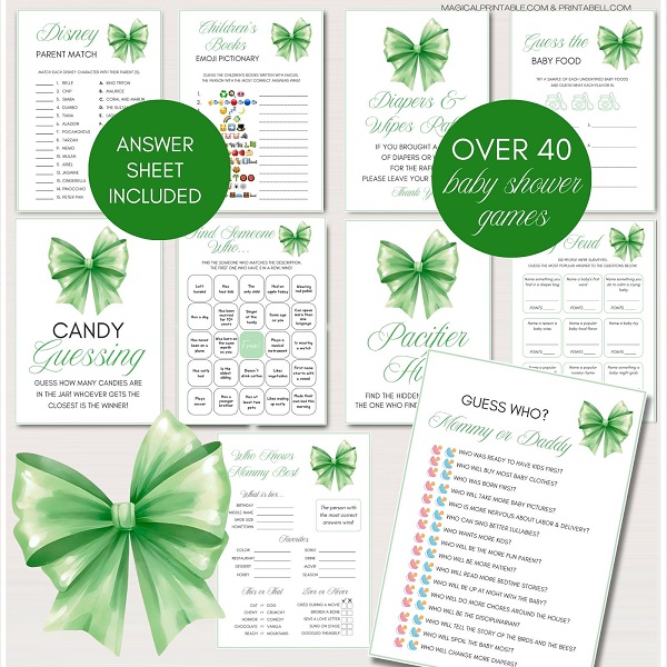 green bow baby shower game package